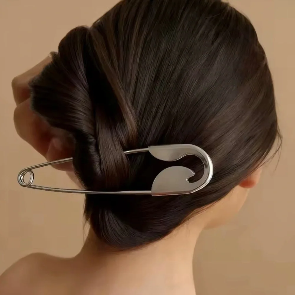 Sculptural Silver Safety Pin Hair Slide